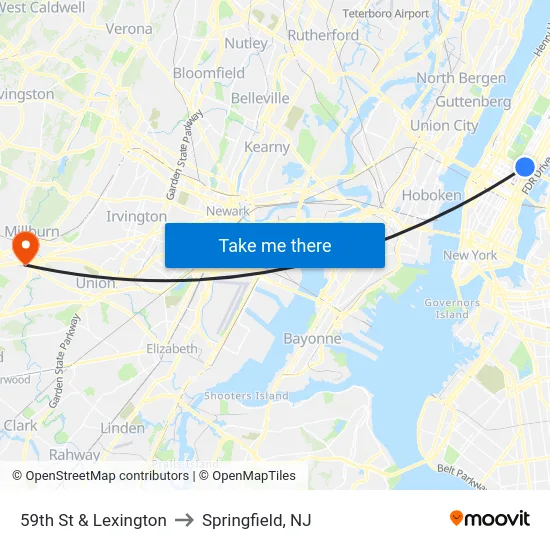 59th St & Lexington to Springfield, NJ map