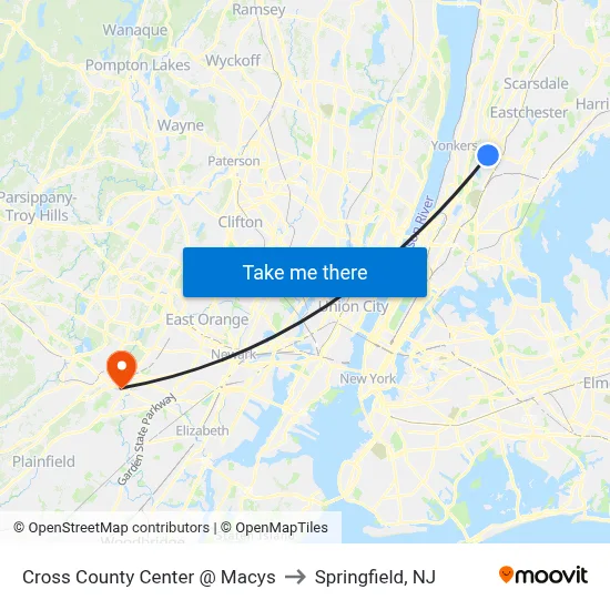 Cross County Center @ Macys to Springfield, NJ map