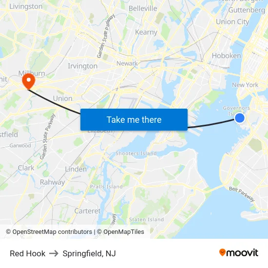 Red Hook to Springfield, NJ map