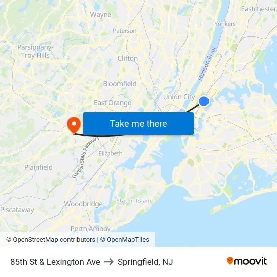 85th St & Lexington Ave to Springfield, NJ map