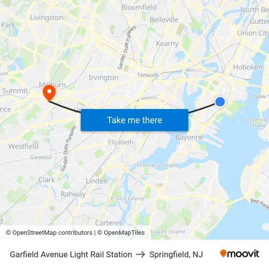 Garfield Avenue Light Rail Station to Springfield, NJ map