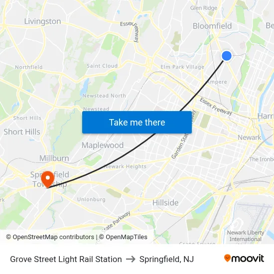 Grove Street Light Rail Station to Springfield, NJ map