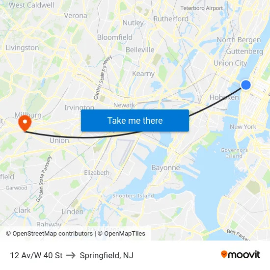 12 Av/W 40 St to Springfield, NJ map