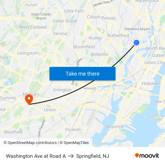 Washington Ave at Road A to Springfield, NJ map