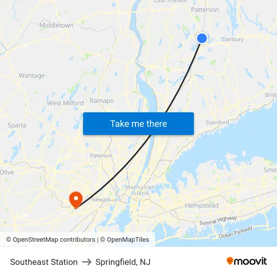 Southeast Station to Springfield, NJ map