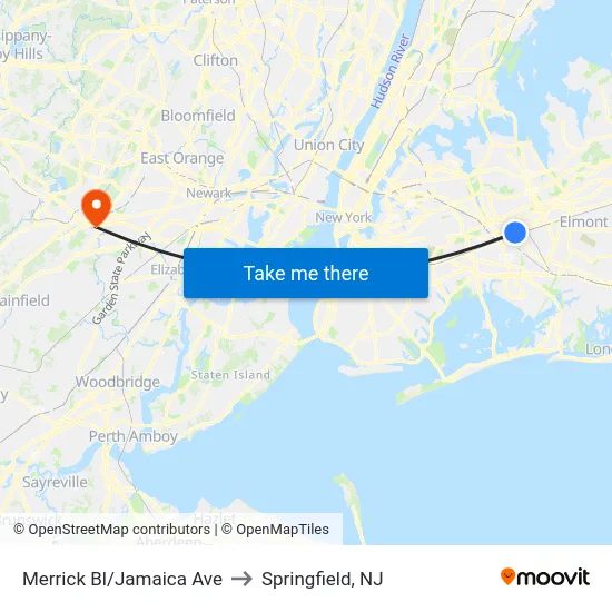 Merrick Bl/Jamaica Ave to Springfield, NJ map