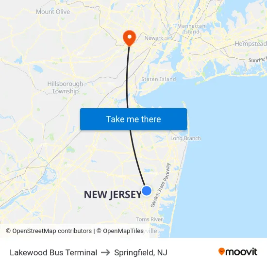 Lakewood Bus Terminal to Springfield, NJ map