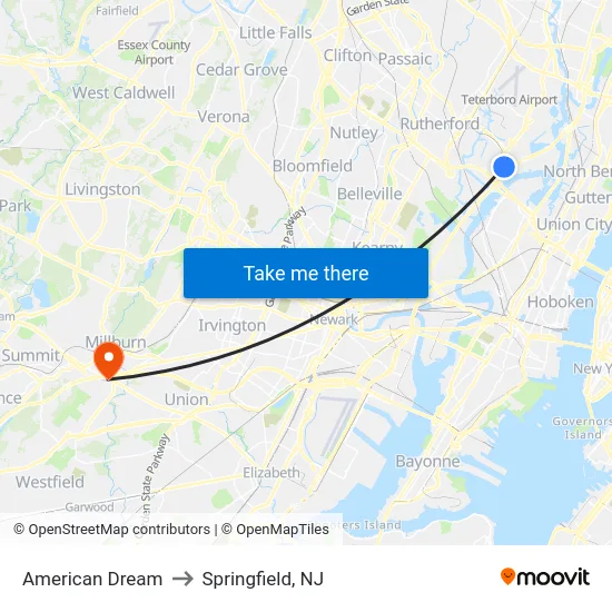 American Dream to Springfield, NJ map