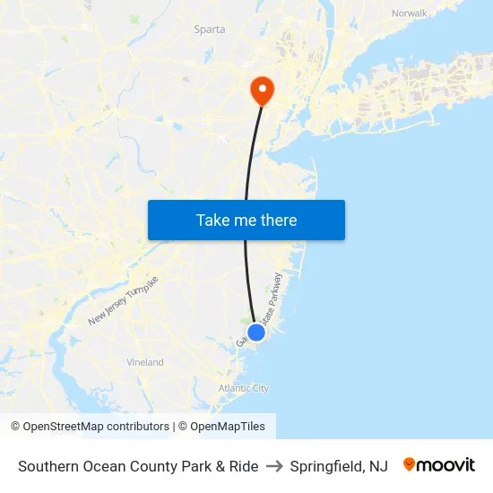 Southern Ocean County Park & Ride to Springfield, NJ map