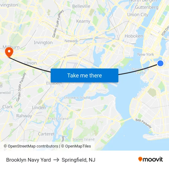 Brooklyn Navy Yard to Springfield, NJ map