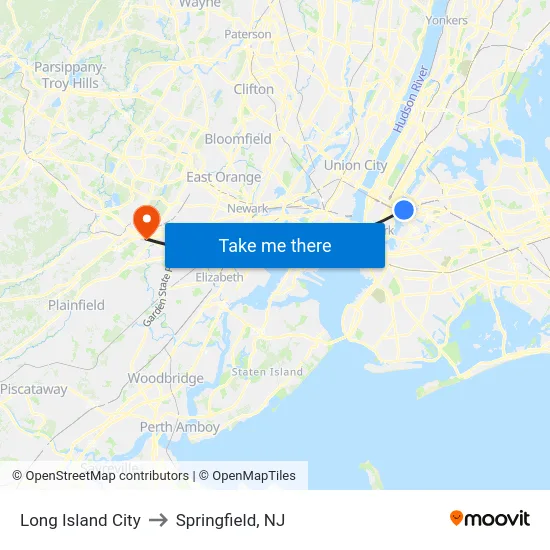 Long Island City to Springfield, NJ map