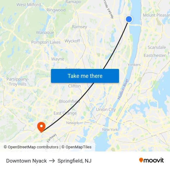 Downtown Nyack to Springfield, NJ map