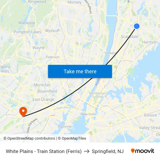 White Plains - Train Station (Ferris) to Springfield, NJ map
