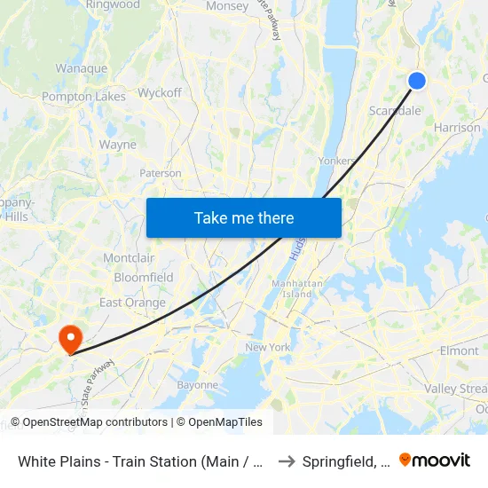 White Plains - Train Station (Main / Bank) to Springfield, NJ map