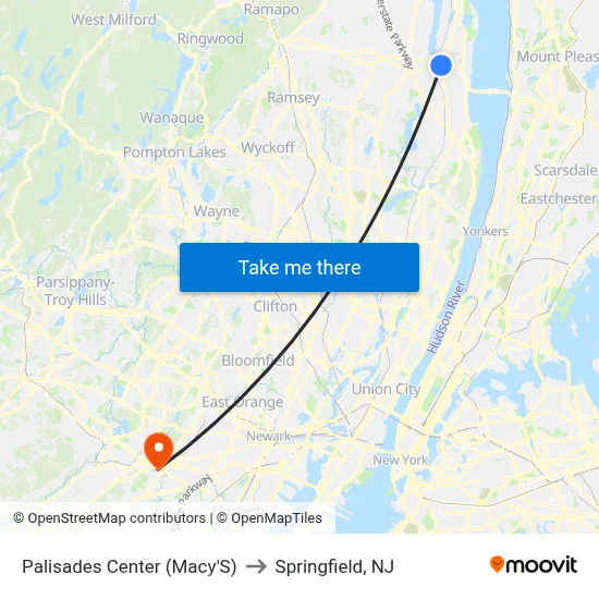Palisades Center (Macy'S) to Springfield, NJ map