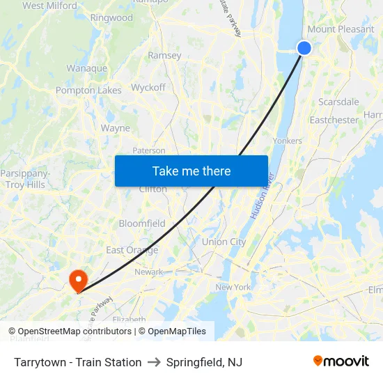 Tarrytown - Train Station to Springfield, NJ map