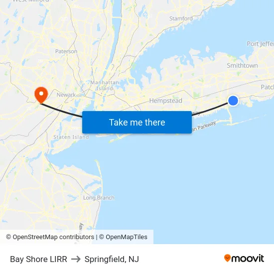 Bay Shore LIRR to Springfield, NJ map