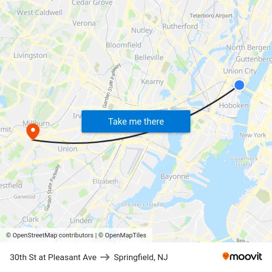30th St at Pleasant Ave to Springfield, NJ map