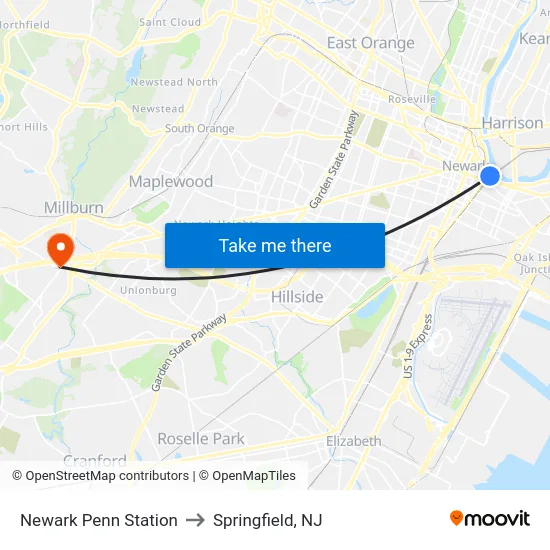 Newark Penn Station to Springfield, NJ map