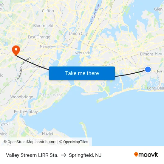 Valley Stream LIRR Sta. to Springfield, NJ map