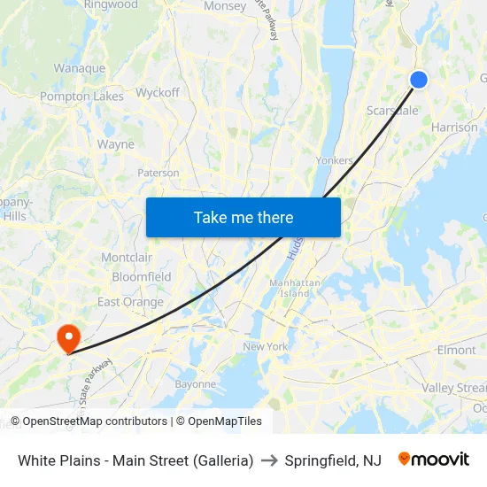 White Plains - Main Street (Galleria) to Springfield, NJ map