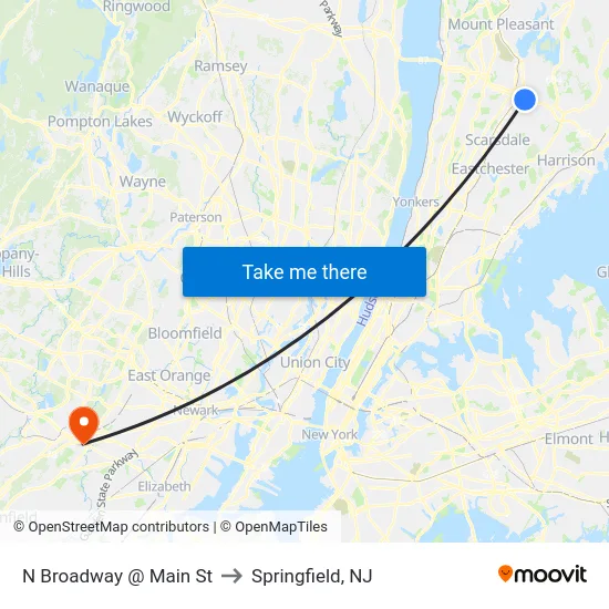 N Broadway @ Main St to Springfield, NJ map