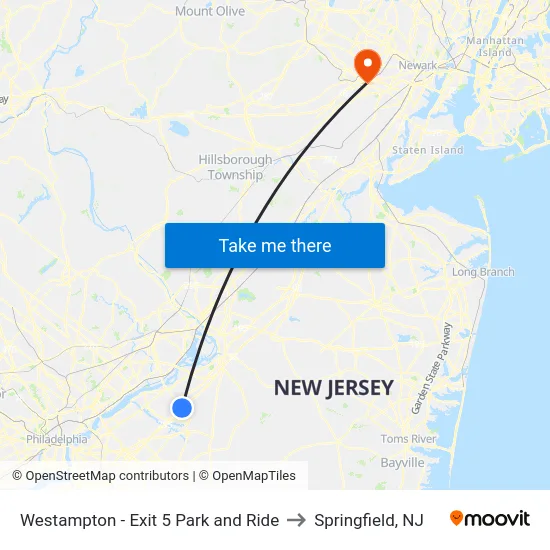 Westampton - Exit 5 Park and Ride to Springfield, NJ map