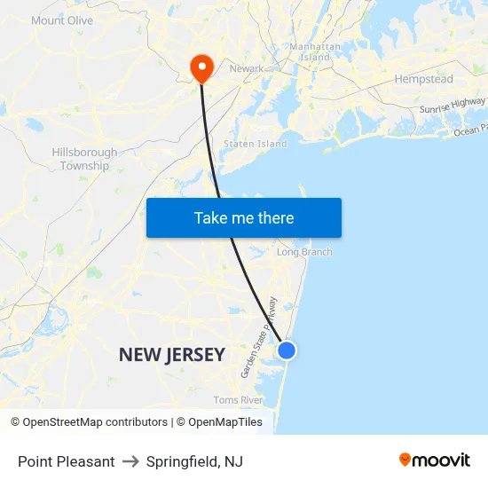 Point Pleasant to Springfield, NJ map