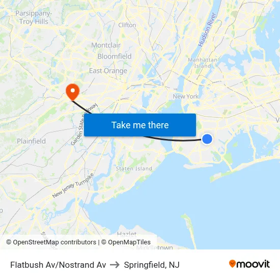 Flatbush Av/Nostrand Av to Springfield, NJ map