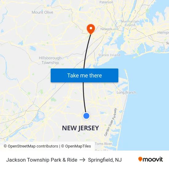 Jackson Township Park & Ride to Springfield, NJ map