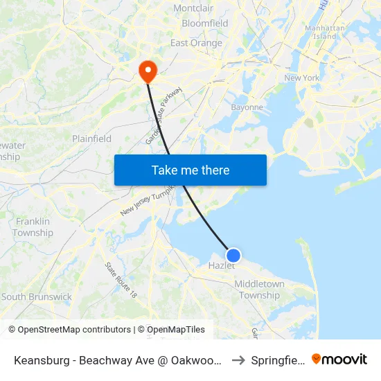 Keansburg -  Beachway Ave @ Oakwood Pl (Northbound) to Springfield, NJ map