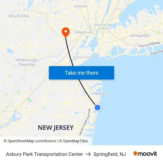 Asbury Park Transportation Center to Springfield, NJ map