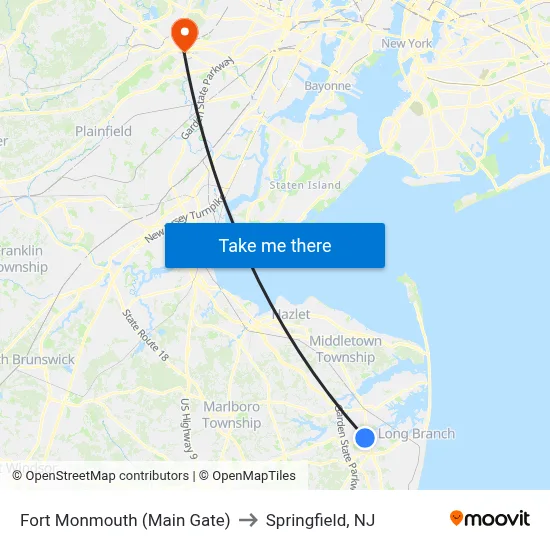 Fort Monmouth (Main Gate) to Springfield, NJ map