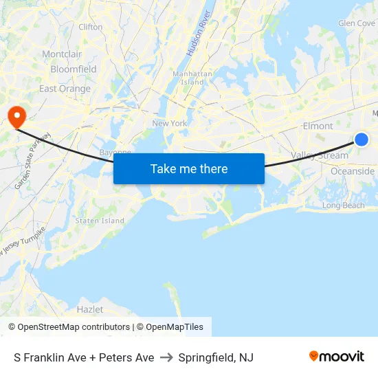 S Franklin Ave + Peters Ave to Springfield, NJ map