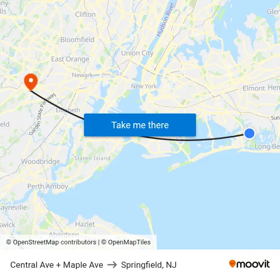 Central Ave + Maple Ave to Springfield, NJ map