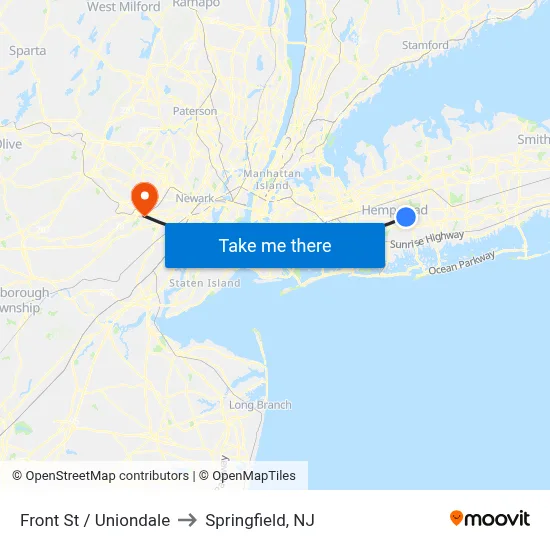 Front St / Uniondale to Springfield, NJ map