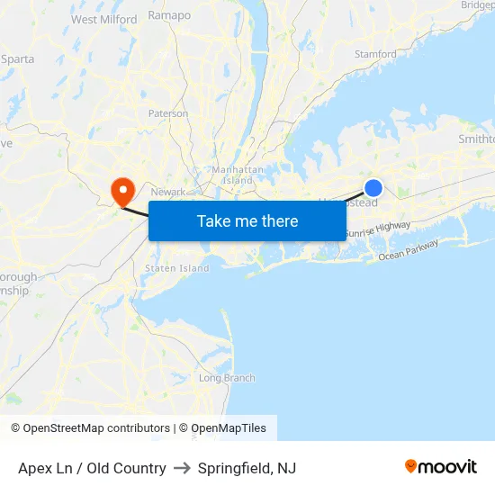 Apex Ln / Old Country to Springfield, NJ map