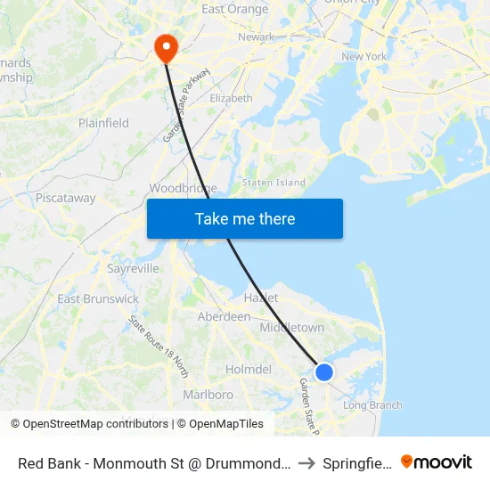 Red Bank - Monmouth St @ Drummond Pl (Southbound) to Springfield, NJ map