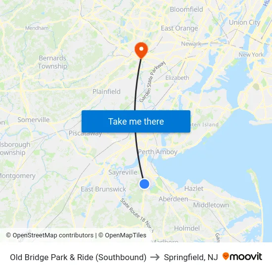 Old Bridge Park & Ride (Southbound) to Springfield, NJ map