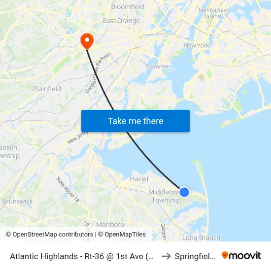 Atlantic Highlands - Rt-36 @ 1st Ave (Northbound) to Springfield, NJ map
