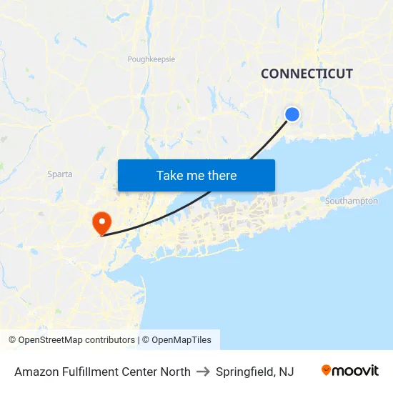 Amazon Fulfillment Center North to Springfield, NJ map