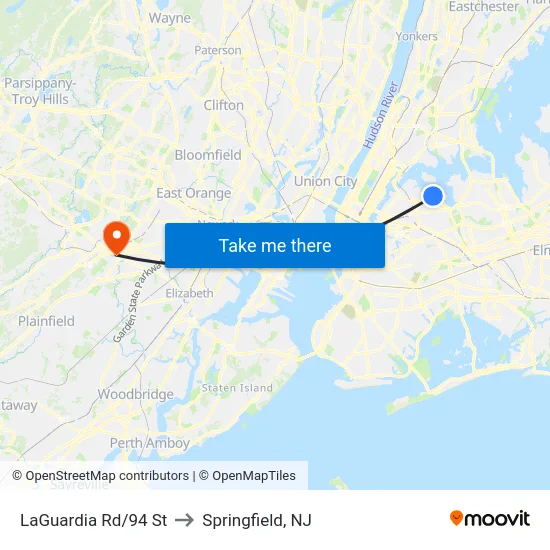 LaGuardia Rd/94 St to Springfield, NJ map