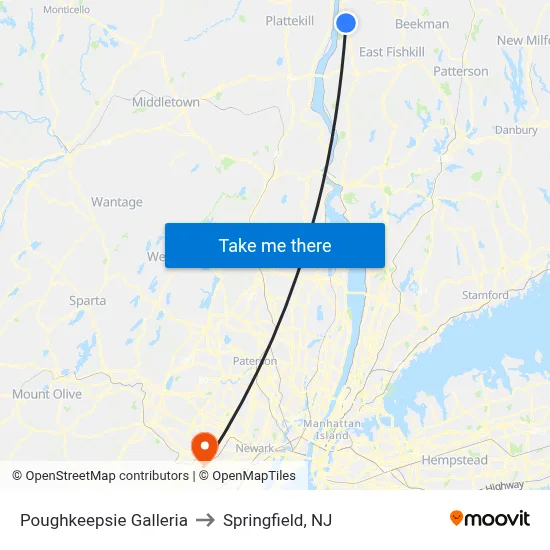 Poughkeepsie Galleria to Springfield, NJ map