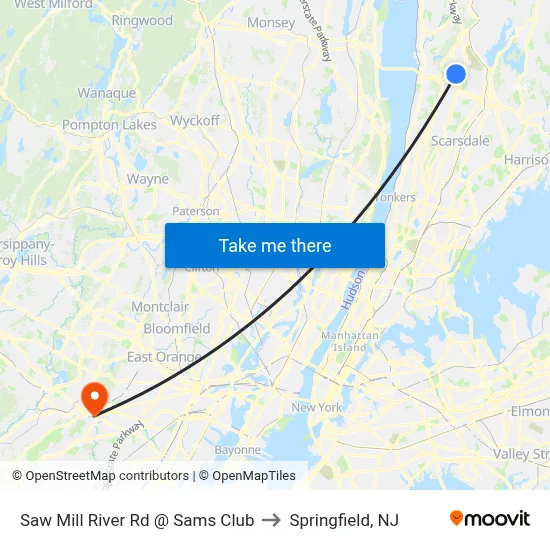 Saw Mill River Rd @ Sams Club to Springfield, NJ map