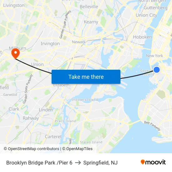Brooklyn Bridge Park /Pier 6 to Springfield, NJ map
