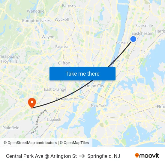 Central Park Ave @ Arlington St to Springfield, NJ map