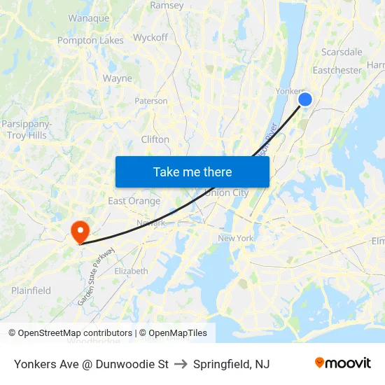 Yonkers Ave @ Dunwoodie St to Springfield, NJ map