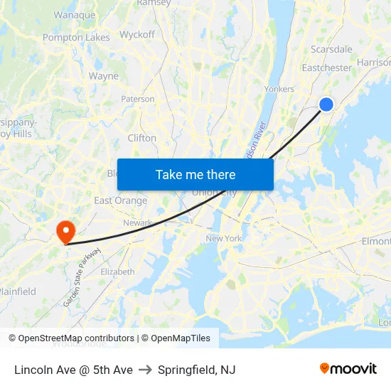 Lincoln Ave @ 5th Ave to Springfield, NJ map