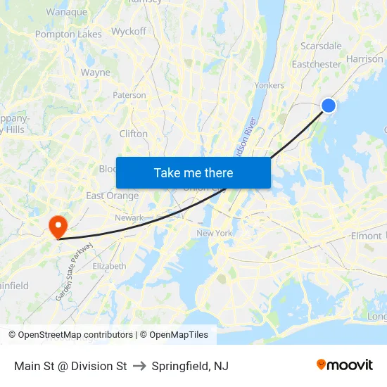 Main St @ Division St to Springfield, NJ map