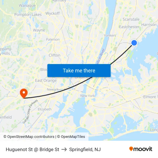 Huguenot St @ Bridge St to Springfield, NJ map